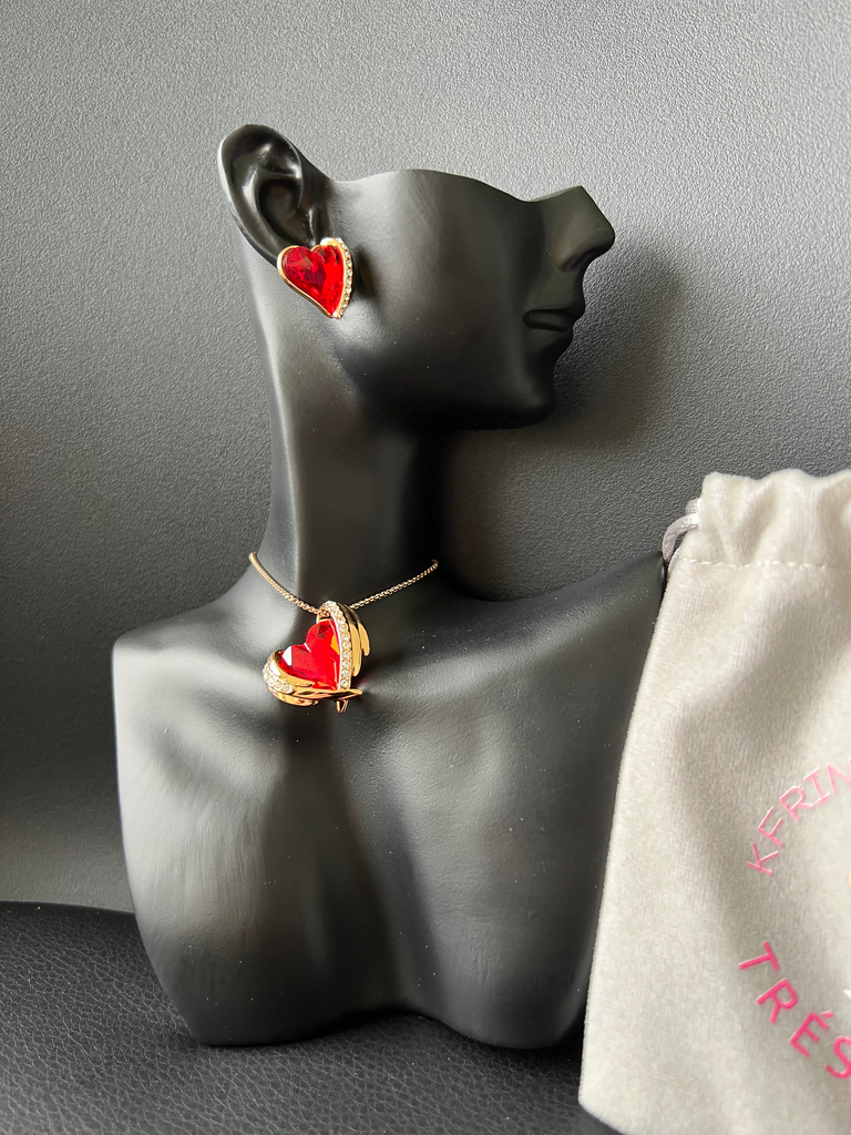 [KDF0034WEB]  1 Pendentif +1 paire de boucle d’oreille coeur rouge pierre swarovski  S925🔴